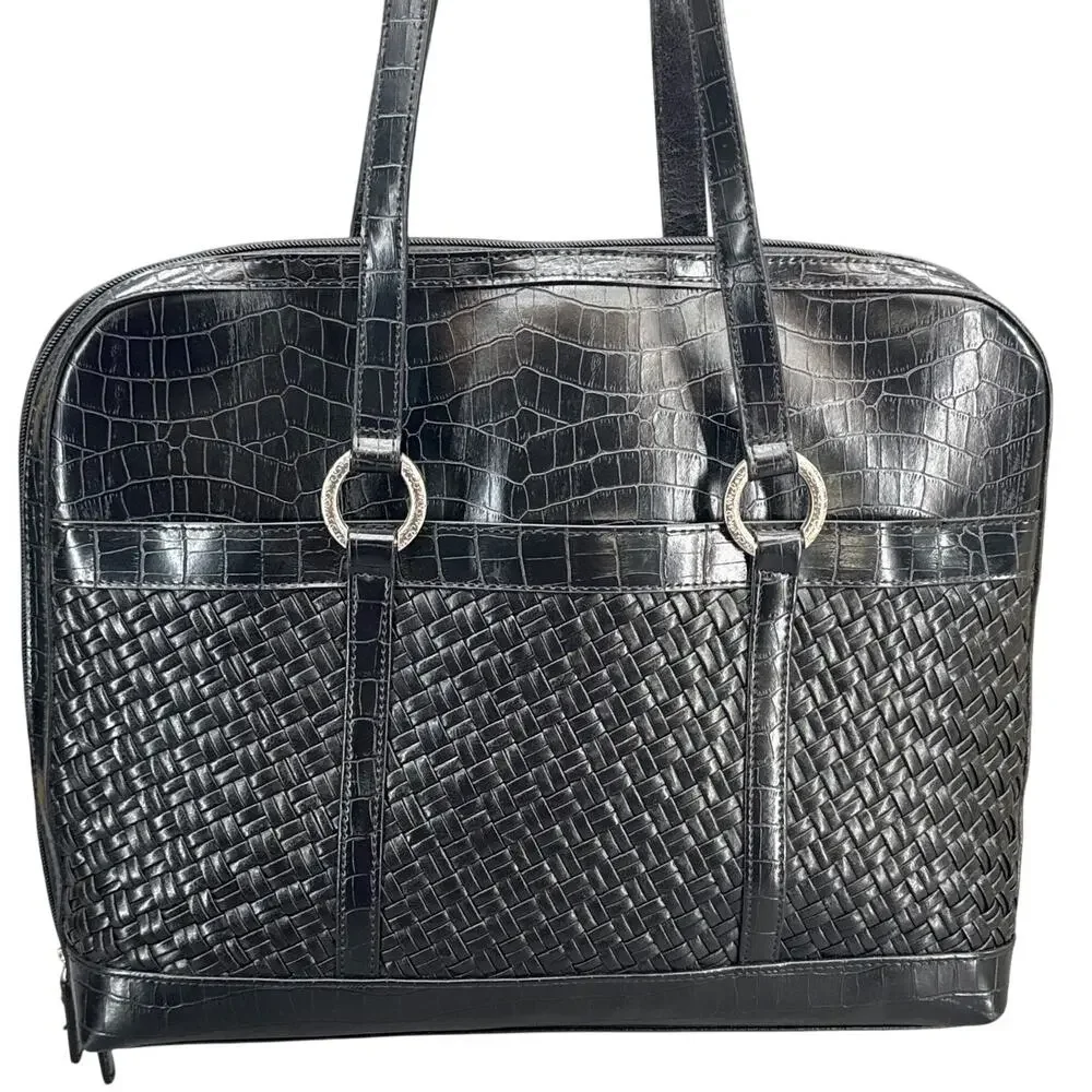 Coldwater Creek Black Faux Croc Woven Laptop Briefcase Professional Tote Bag